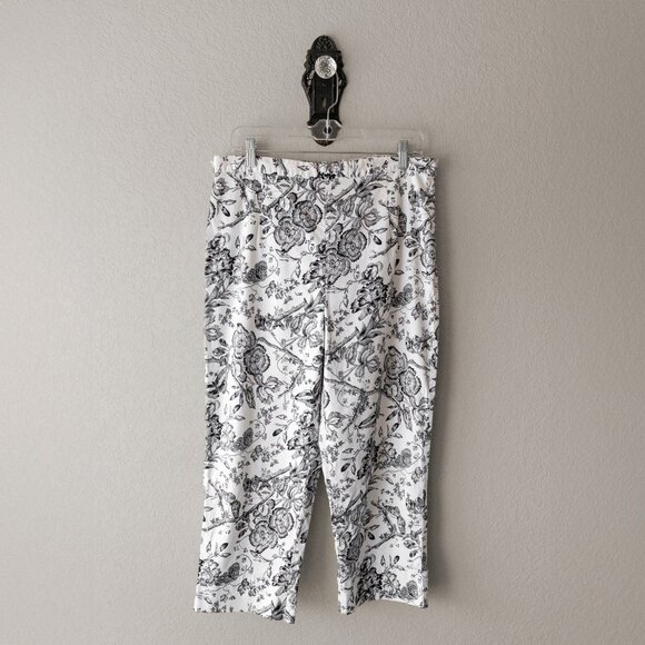 Vintage Bill Blass Floral Pants Size 14 Cropped Black & White Side Zip Trousers - Picture 1 of 6